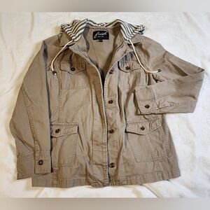 Womens Hooded Utility Jacket‎ By Fresh New York, Pockets, Khaki, Medium